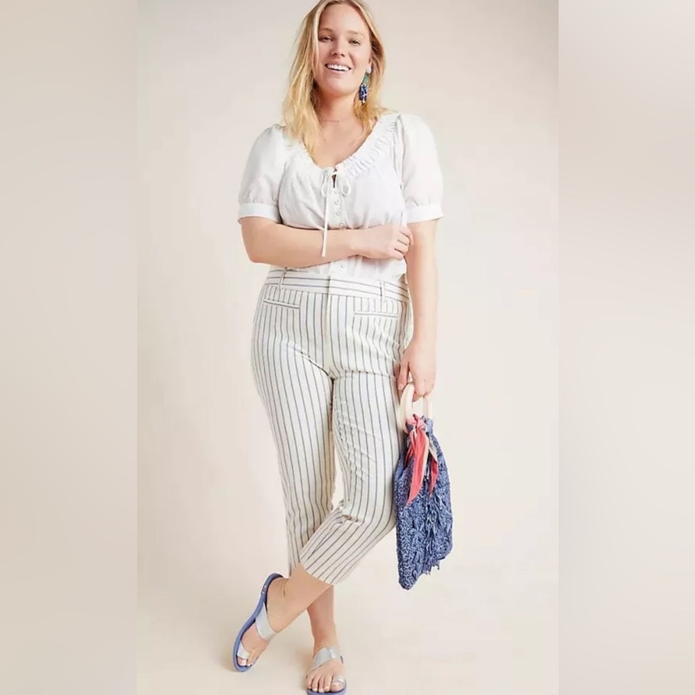 Anthropologie Essential Slim Crop Ankle Pants 24W Ivory Stripe Stretch NWT $110